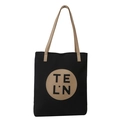 Minimalist black canvas tote bag with khaki leather patch and TE L.N logo detail - Vertical Black