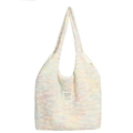Chic striped knit tote bag with macaron colors and minimalist fabric brand label - Pink
