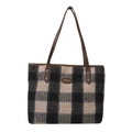 Tweed patchwork draagtas met bruine lederen riemen en groot geruit patroon - Zwart