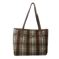 Winterse shopper met groen en bruin ruitpatroon van wol en leren schouderbanden - Groen