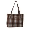 French retro plaid tote bag with brown leather shoulder straps and metal logo plate - Gray