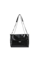 Minimalist black oil-wax PU leather flap handbag with silver twist lock and chain strap - Black