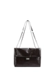 Minimalist dark brown PU leather flap shoulder bag with silver chain strap and metal lock - Brown