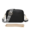 Chic black litchi pattern camera bag with patterned wide strap and gold chain - Black