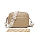 Detail of khaki pebbled leather camera bag with woven strap and gold chain accessories - Khaki