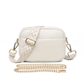 Detail of creamy white pebble leather camera bag with bohemian strap and gold chain - White