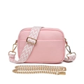 Pink lychee texture crossbody camera bag with wide woven strap and gold chain detail - Pink