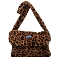 Borsa a spalla in peluche leopardata invernale con fiocco e etichetta blu di design - Leopardo Marrone