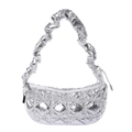 Quilted silver metallic crescent moon shoulder bag for women with ruched handle detail - Silver
