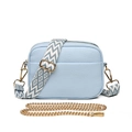 Light blue pebbled leather camera bag with wide woven strap and gold chain detail - Blue