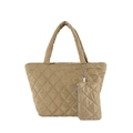 Borsa tote in cotone trapuntato kaki con portamonete abbinato e grandi cuciture a rombi - Set di borse a spalla / Cachi