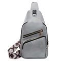 Grey PU leather crossbody bag with geometric pattern strap and gold-tone zippers - Gray
