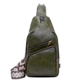 Olive green PU leather crossbody chest bag with geometric pattern woven strap - Green