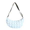 Minimalist light blue quilted puffy nylon crescent shoulder bag with adjustable strap - Blue