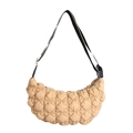 Chic beige quilted puffer hobo bag with a stylish black and white striped shoulder strap - Khaki