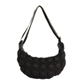 Chic black quilted nylon hobo bag with adjustable black and white striped strap - Black