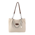 Quilted beige nylon tote bag with brown leather shoulder strap and silver chain detail - Off White