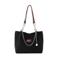 Quilted black nylon crossbody bag featuring brown leather trim and silver chain strap - Black