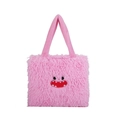 Pink faux fur tote bag featuring a red monster face design with soft plush handles - Pink