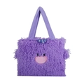 Cute purple plush monster handbag with soft faux fur and cartoon embroidery features - Purple