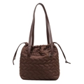 Deep brown quilted nylon shoulder bag with ear-shaped stitching and drawstring closure - Brown