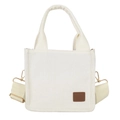 Minimalist cream corduroy handbag with wide shoulder strap and rectangular logo patch - White