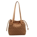 Brown quilted nylon tote bag with drawstring closure and leather straps for casual styling - Khaki