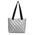 Quilted silver tote bag with metallic finish and black canvas straps for women - Silver
