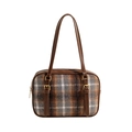 Schicke Winter-Tote-Bag aus braunem Wollstoff mit hochwertigem PU-Lederbesatz - Grau Kariert