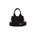 Mini bolso tote de pana negra con parche de cuero marrón y correa ancha ajustable - Negro