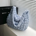 Chic light blue quilted cloud tote bag with puffy ruched fabric and wide shoulder strap - Light Blue