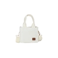 Bolso tote pequeño de pana blanca con correa ajustable y parche de cuero marrón - Blanco