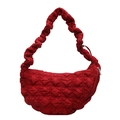 Red quilted hobo shoulder bag with textured frill strap and zip closure on white background - Burgundy