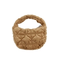 Quilted cloud mini handbag in camel brown velvet fabric with top handle and zipper - Tan