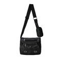 Black PU leather crossbody bag with silver heart buckles and small round pouch charm - Black