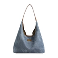 Bolso tote de mezclilla azul con ribete de cuero marrón y patrón de copos de nieve - Azul