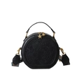 Bolso bandolera redondo negro en piel PU con grabado floral y correa tejida de color - Negro