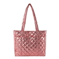 Metallic pink quilted tote bag with large capacity and shiny PU finish for winter fashion - Pink