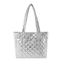 Quilted silver tote bag with metallic sheen and black snap button closure detail - Silver