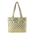 Quilted golden metallic tote bag with elegant diamond stitching and long handles - Gold