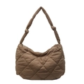 Brown quilted large hobo bag with padded diamond lattice pattern and knotted shoulder strap - Khaki