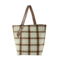 Borsa tote a scacchi in tessuto di lana spessa con manici in pelle marrone scuro - Verde