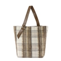 Borsa tote invernale in lana a quadri beige e grigio con tracolla in pelle - Marrone