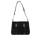 Minimalist black faux suede crossbody bag with flap and adjustable leather strap - Black