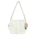 Cute off-white corduroy tote bag with star patches and a plush smiley star keychain - Bag Only (No Charm) / White