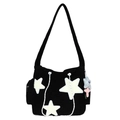 Black corduroy star tote bag with white drawstring and grey plush star pendant charm - Bag Only (No Charm) / Black