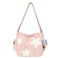 Pink corduroy crossbody tote bag with yellow star patches and a star plush pendant - Bag Only (No Charm) / Pink