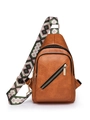 Brown faux leather crossbody bag with geometric diamond patterned wide shoulder strap - Brown