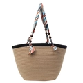 Handgewebte Stroh-Handtasche mit bunt umwickelten Seidengriffen und Holzperlen - Khaki