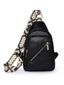 Black pebbled PU leather crossbody bag with bohemian geometric woven shoulder strap - Black